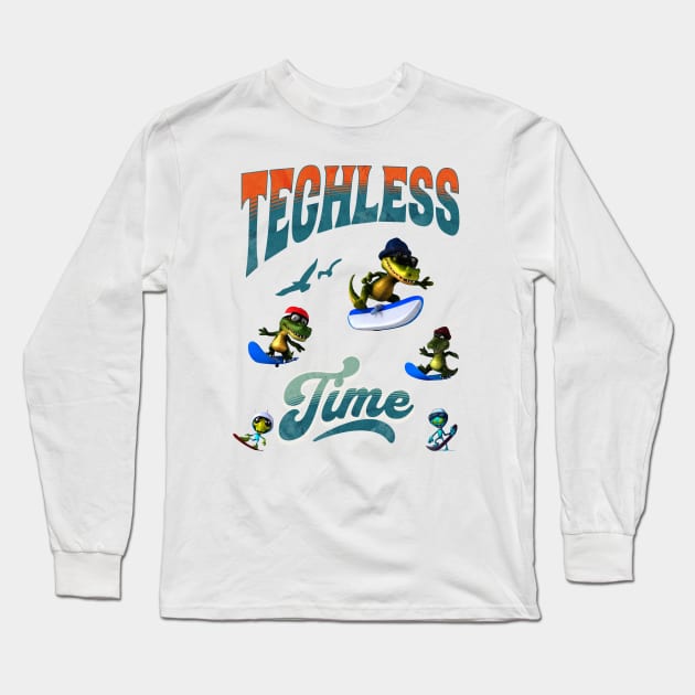 Techless Time Alien Alligator Gator Snowboard Surfboard Boogie Board Tee Long Sleeve T-Shirt by UnpluggedLife